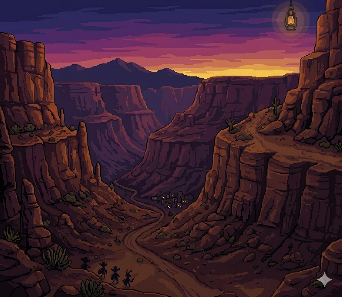 A pixel-art canyon trail at sunset with ant outlaws and a hanging lantern